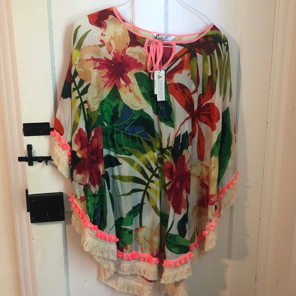 Tropical Floral Swim Coverup Tunic with Neon Pink Trim